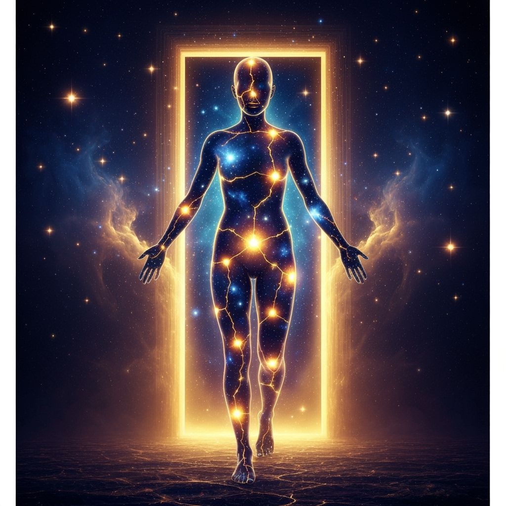 Ethereal Figure Embraces Inner Light Through Cosmic Doorway