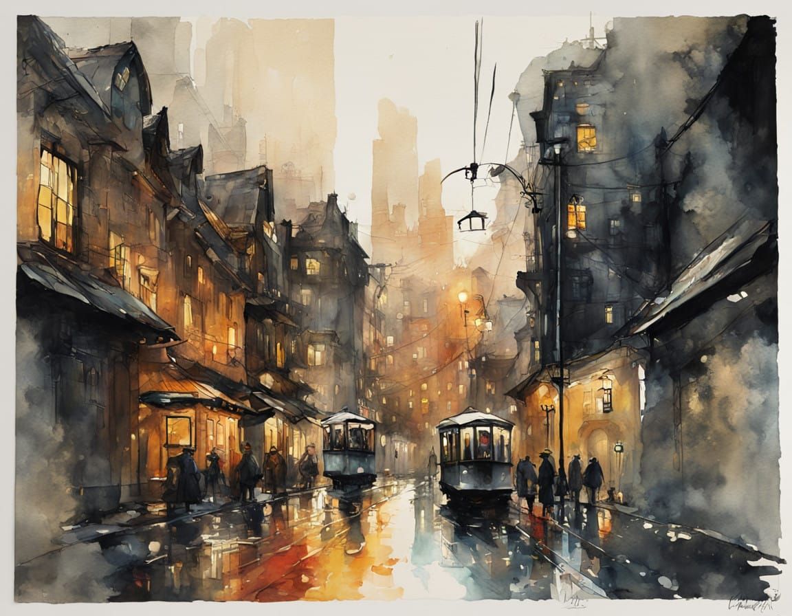 Vibrant Watercolor Cityscape in Traditional Style