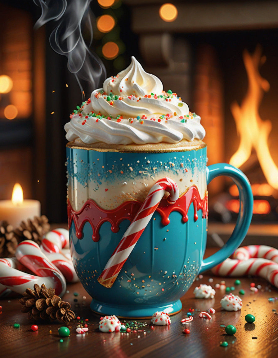 Hyperrealistic Holiday Mug Scene with Vibrant Details