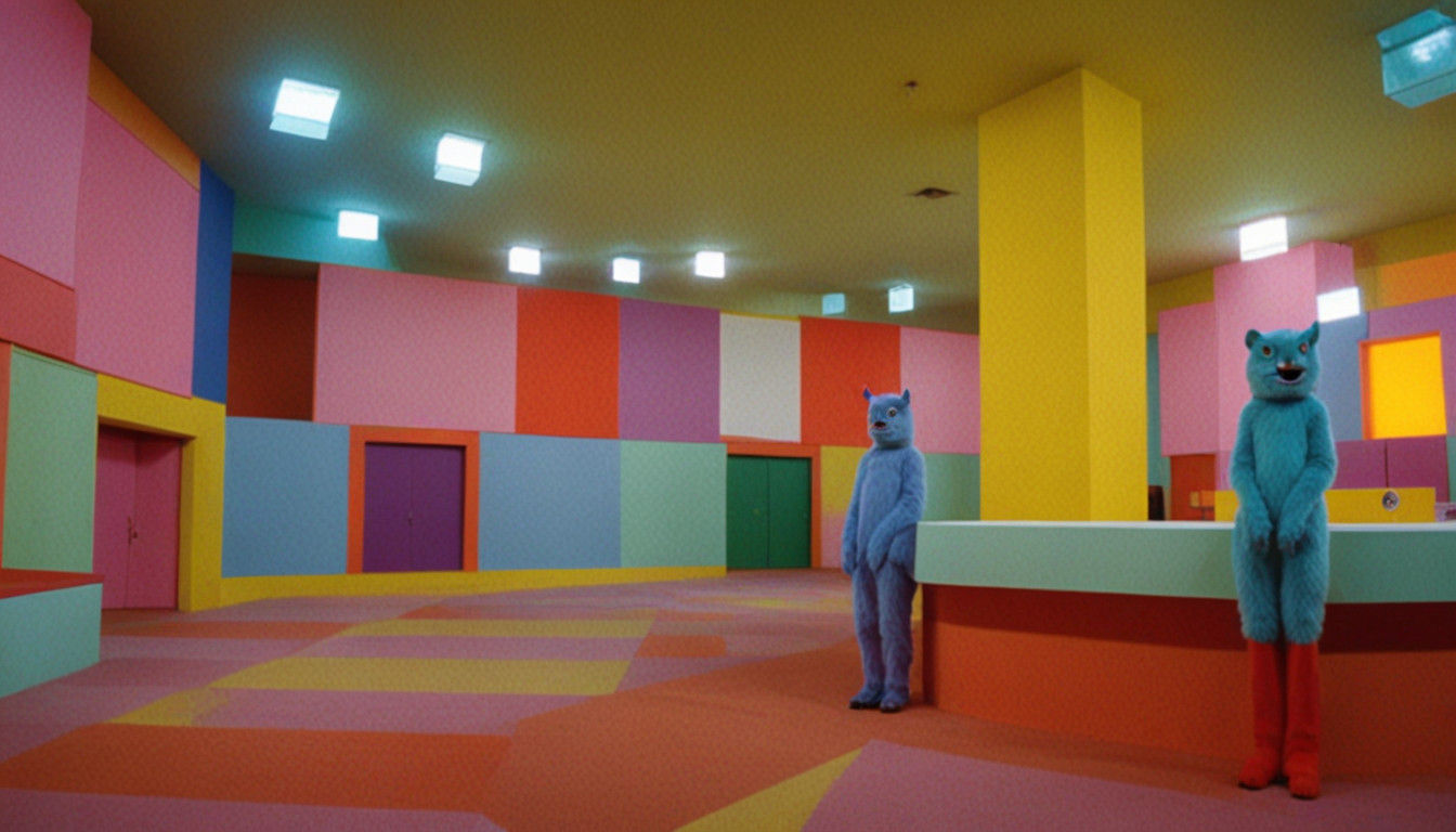 Eccentric Mascot Duo on Vibrant Liminial Stage