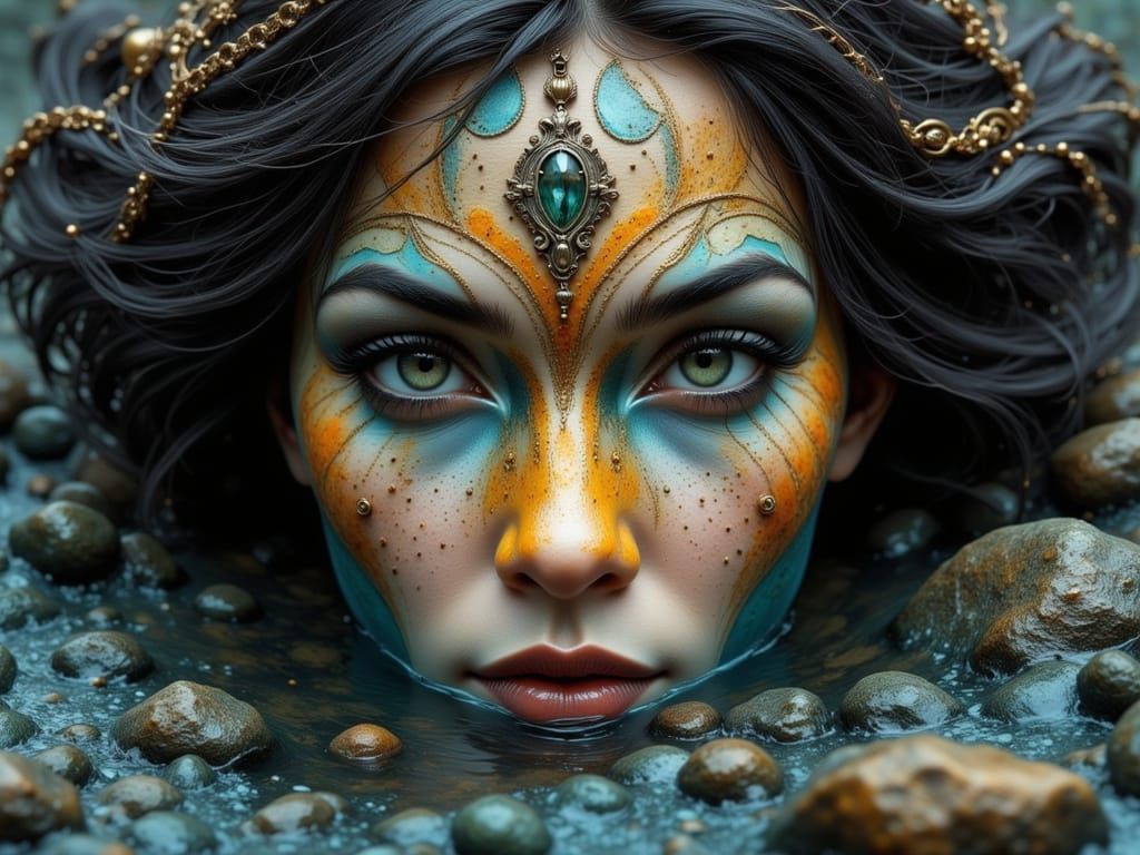 Indigenous Woman Drying Clothes by Stream in Lomography Styl...