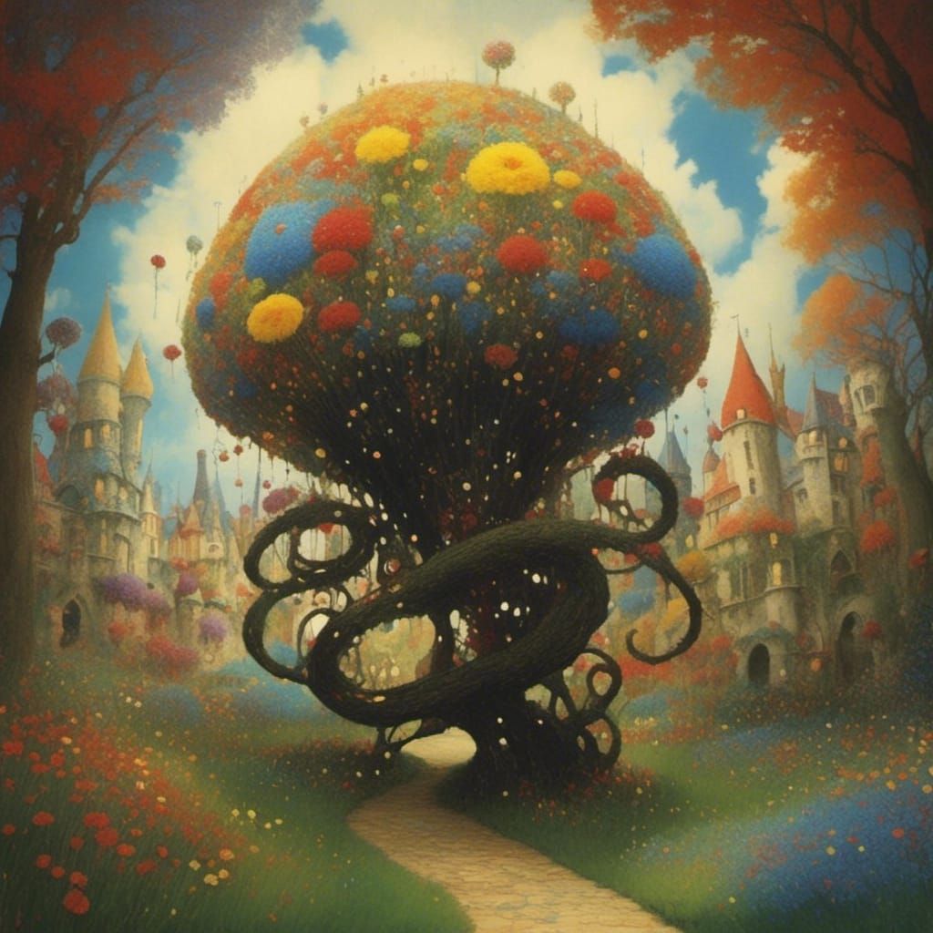 Surreal Black Flower Monster in Dreamy Meadow