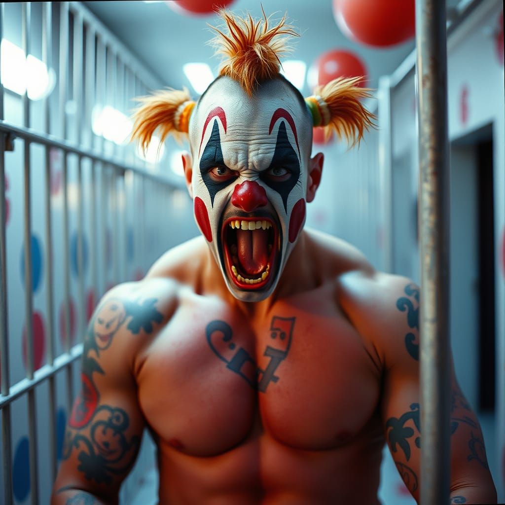 Clown Inmate: A Cinematic Film Still