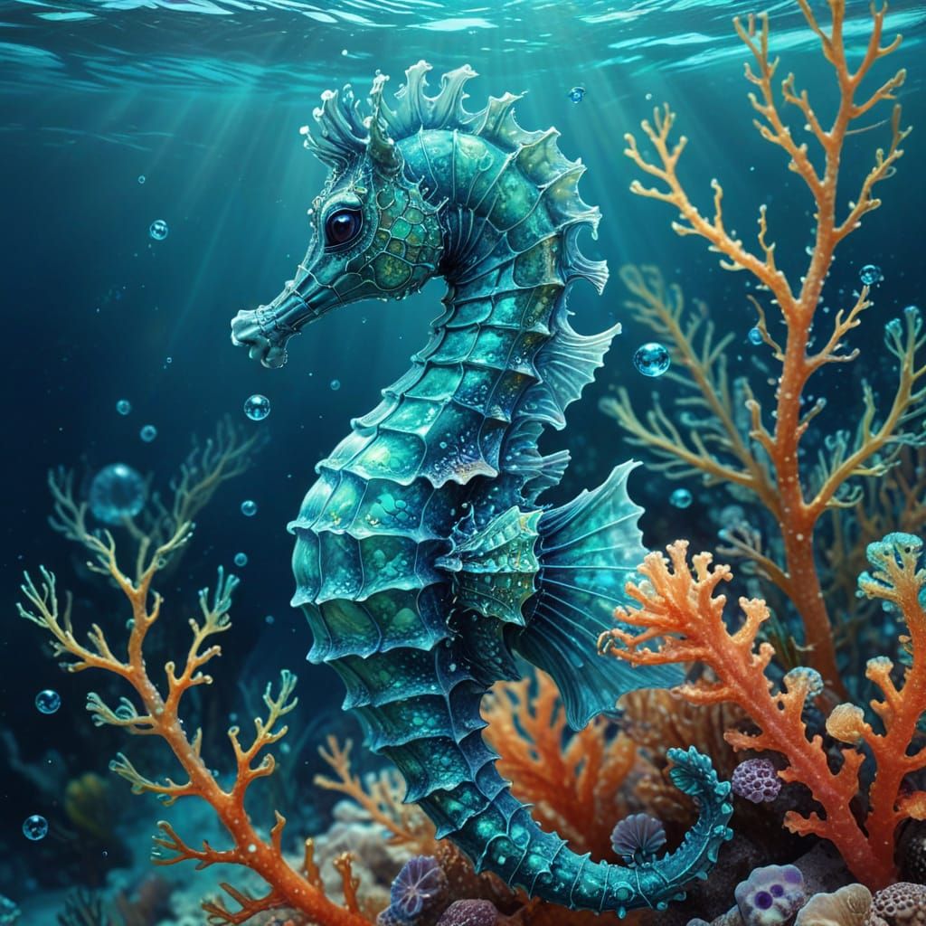 Vibrant Turquoise Seahorse in Dreamy Digital Painting