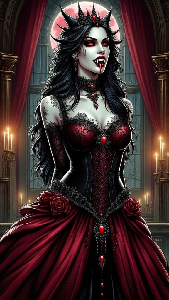 Gothic Vampire Queen in Candlelit Throne Room
