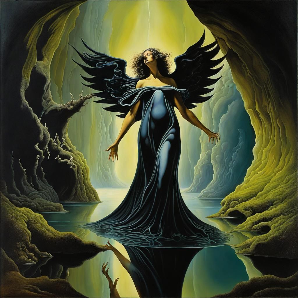 Dark Angel Dance in Surreal Cave Painting