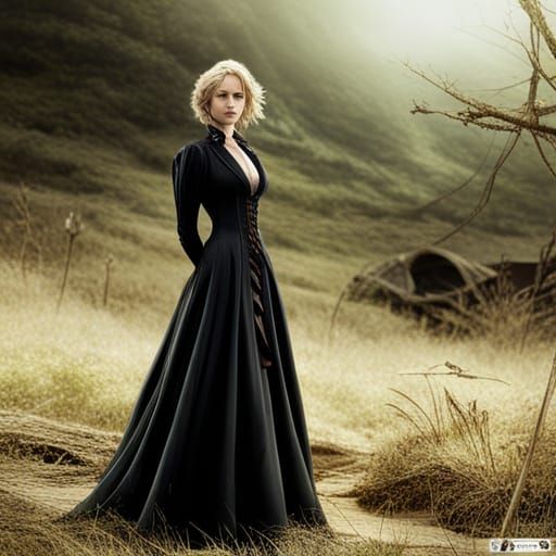 Powerful Gothic Woman in Anime Style Countryside