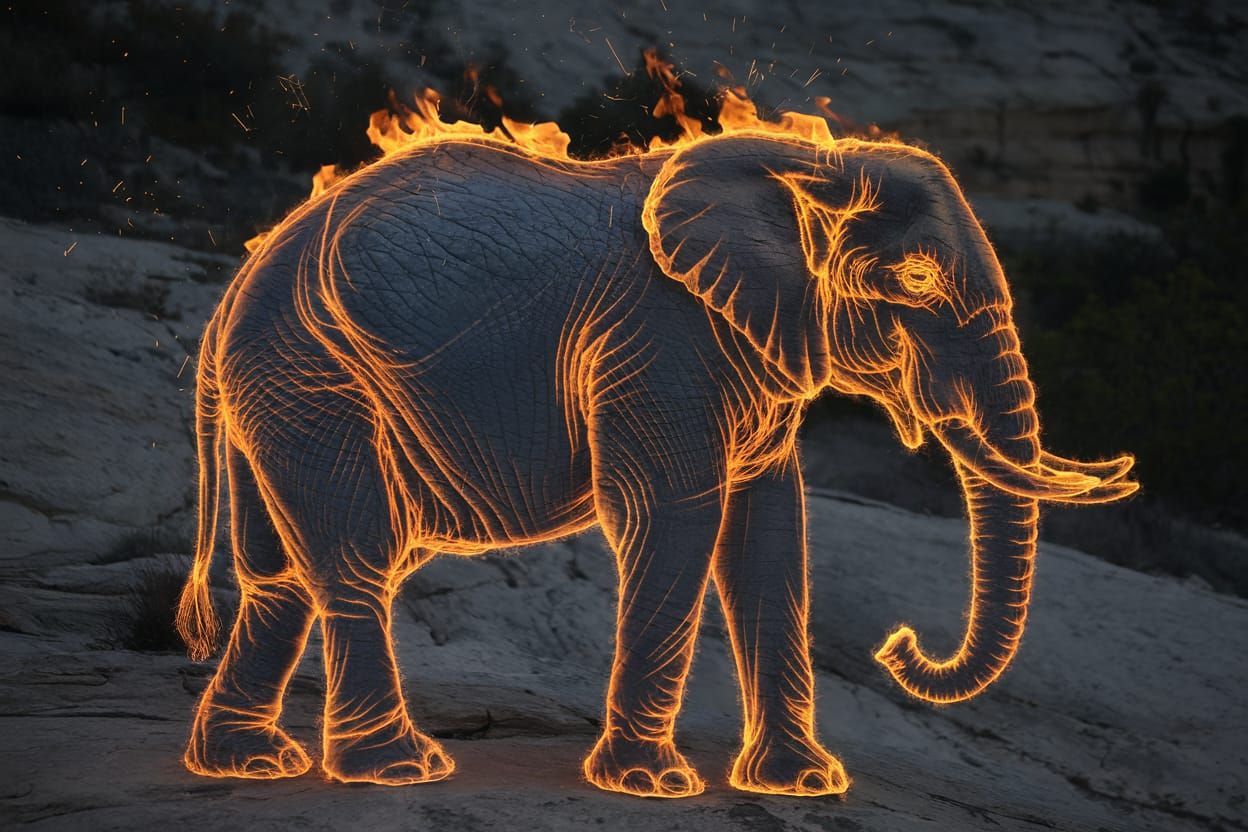 Fiery Elephant on Rocky Terrain