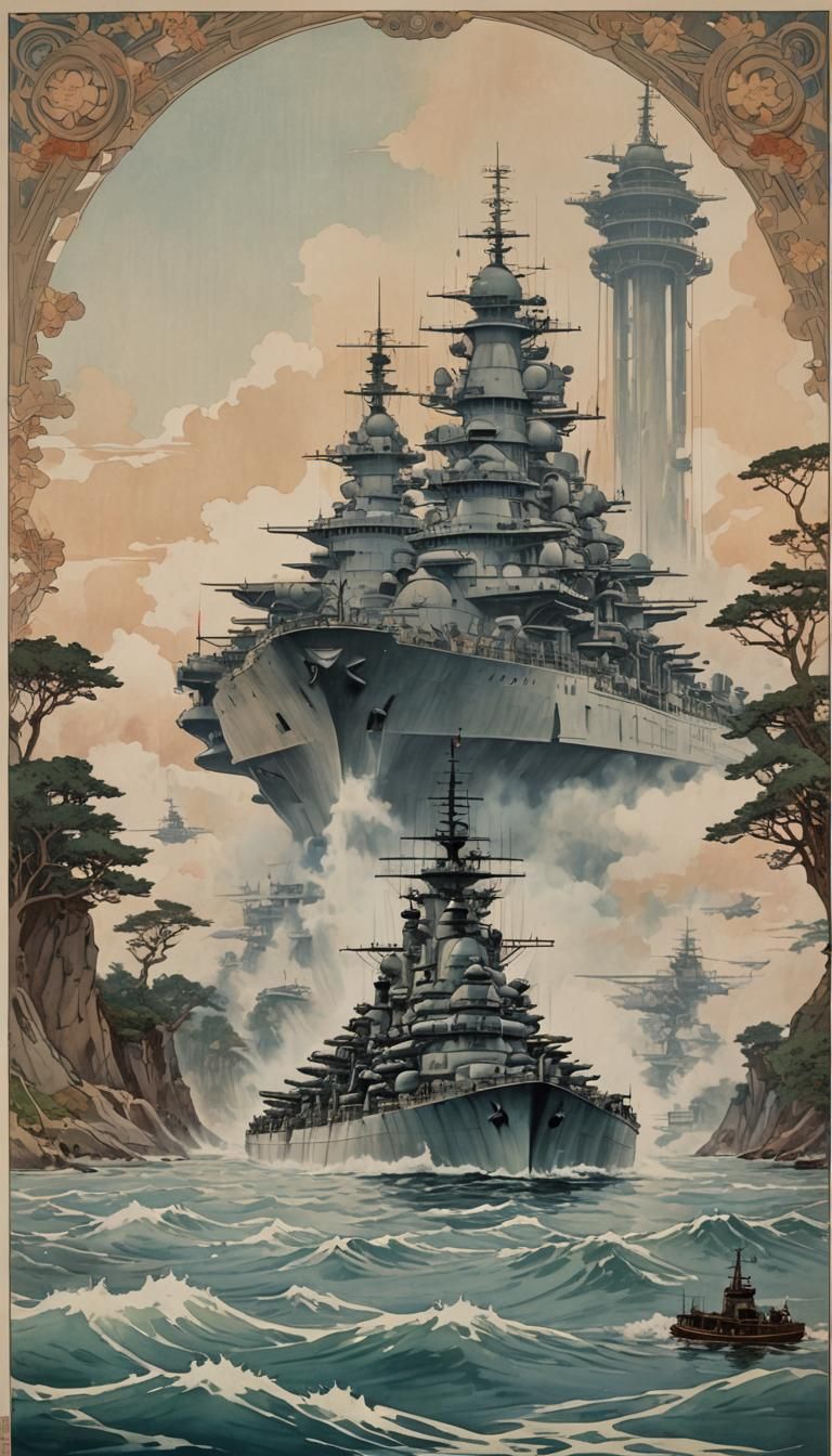 Japanese Battleship with Air Tower, Alphonse Mucha Style