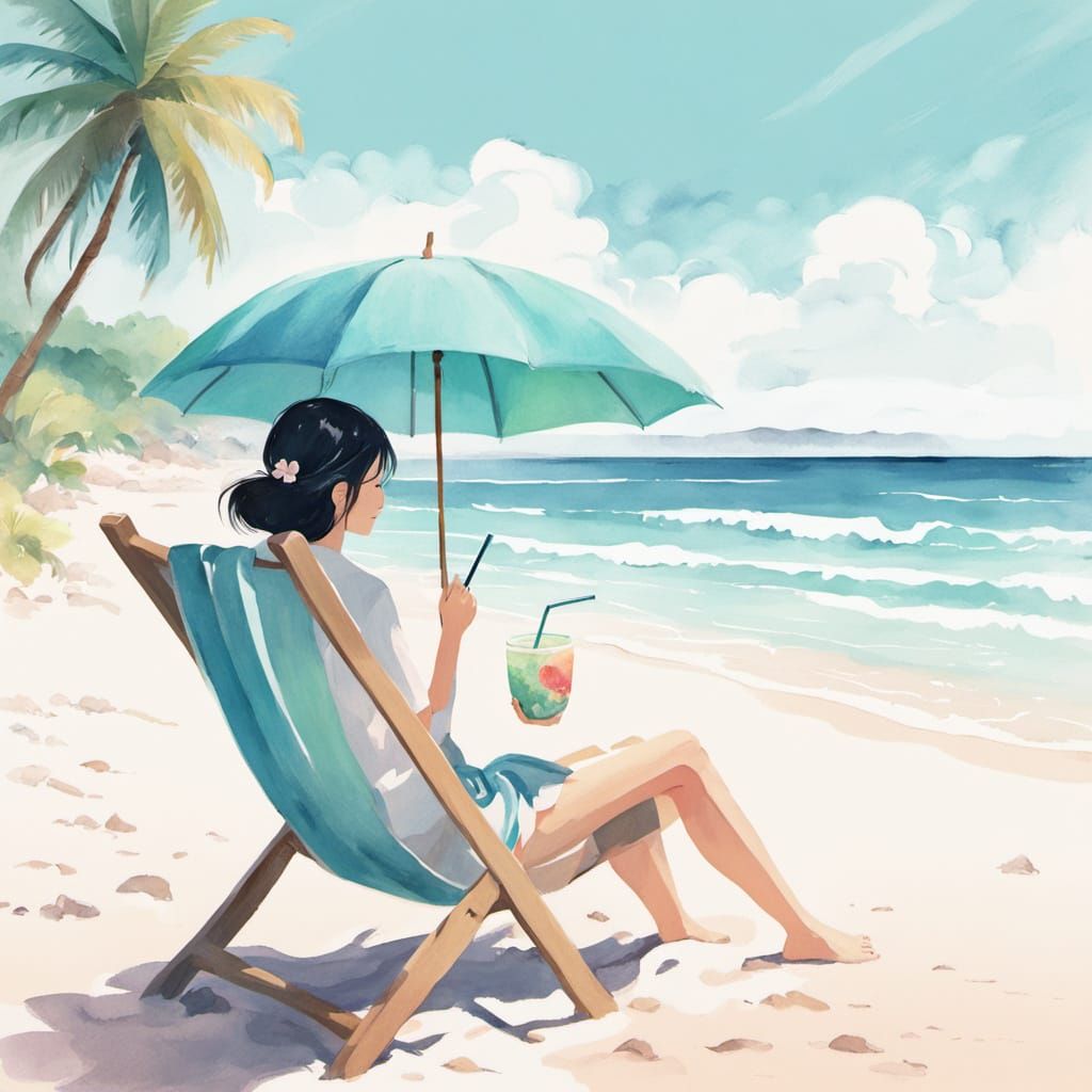 Serene Summer Beach Scene in Anime-Style Watercolors
