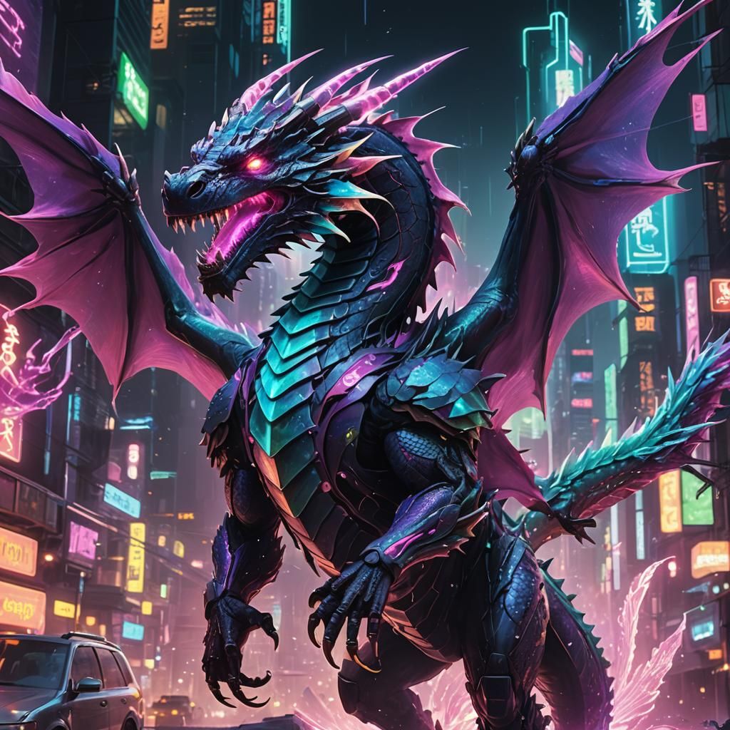 Crystalline Dragon Breathes Neon in Cyberpunk City