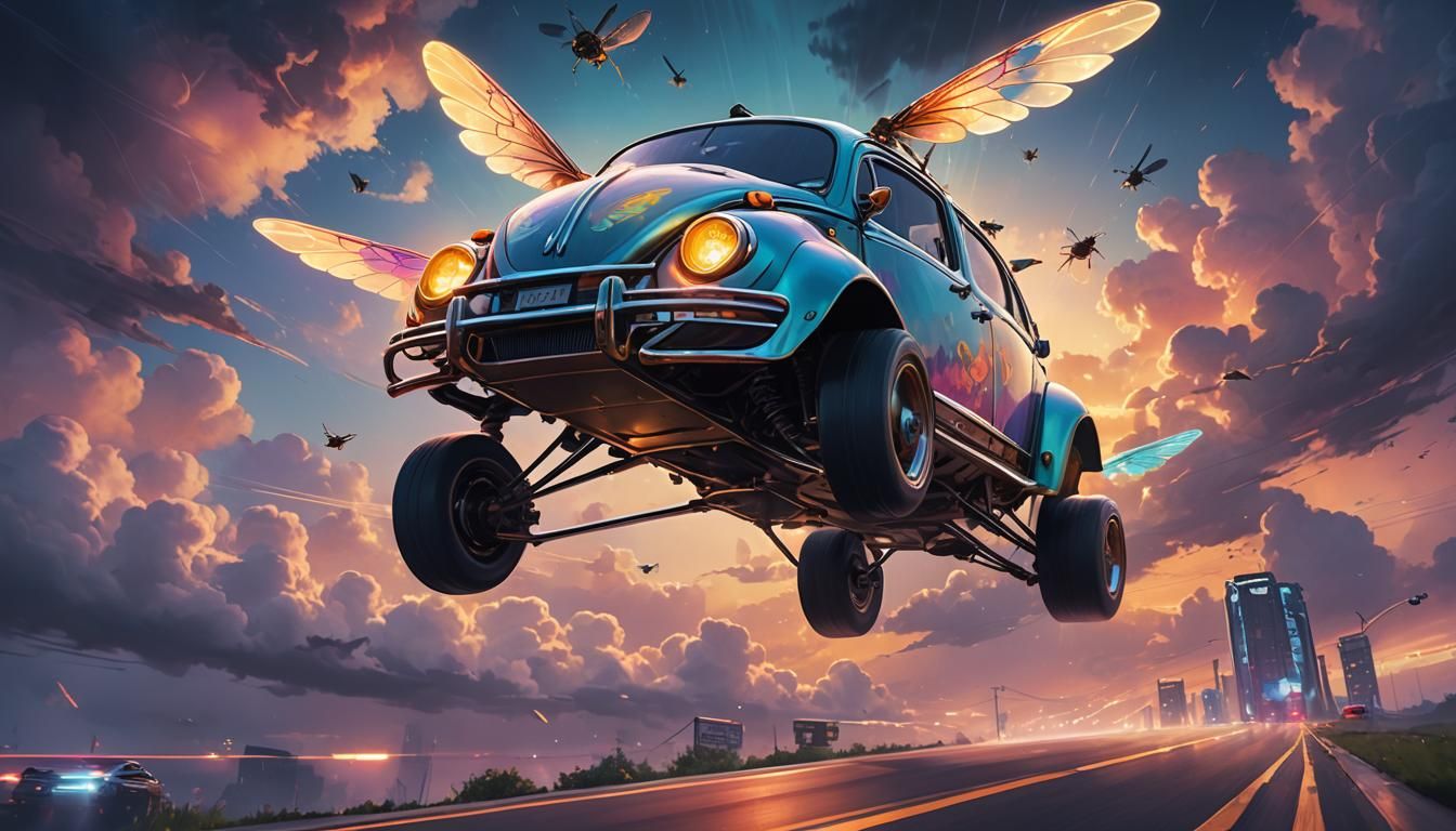 Flying Beetle Car Soaring Above Cloudy Highway