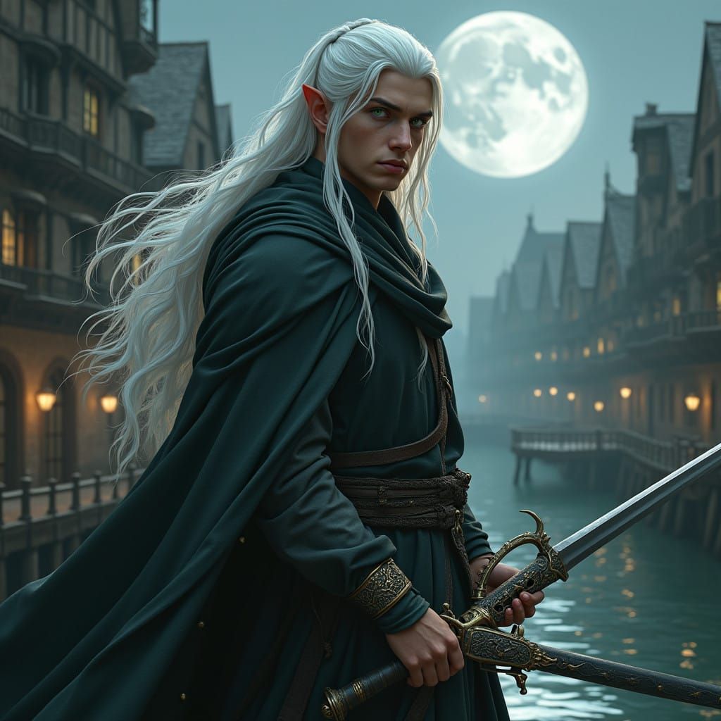 Elegant Elf Monk in Dark Gray Cloak, Carrying Rapier and Pis...