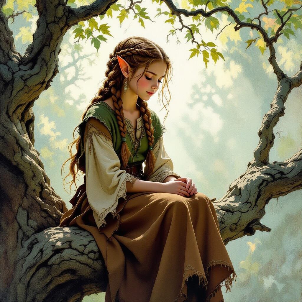 Elven Girl on Tree Branch in Vintage Robes