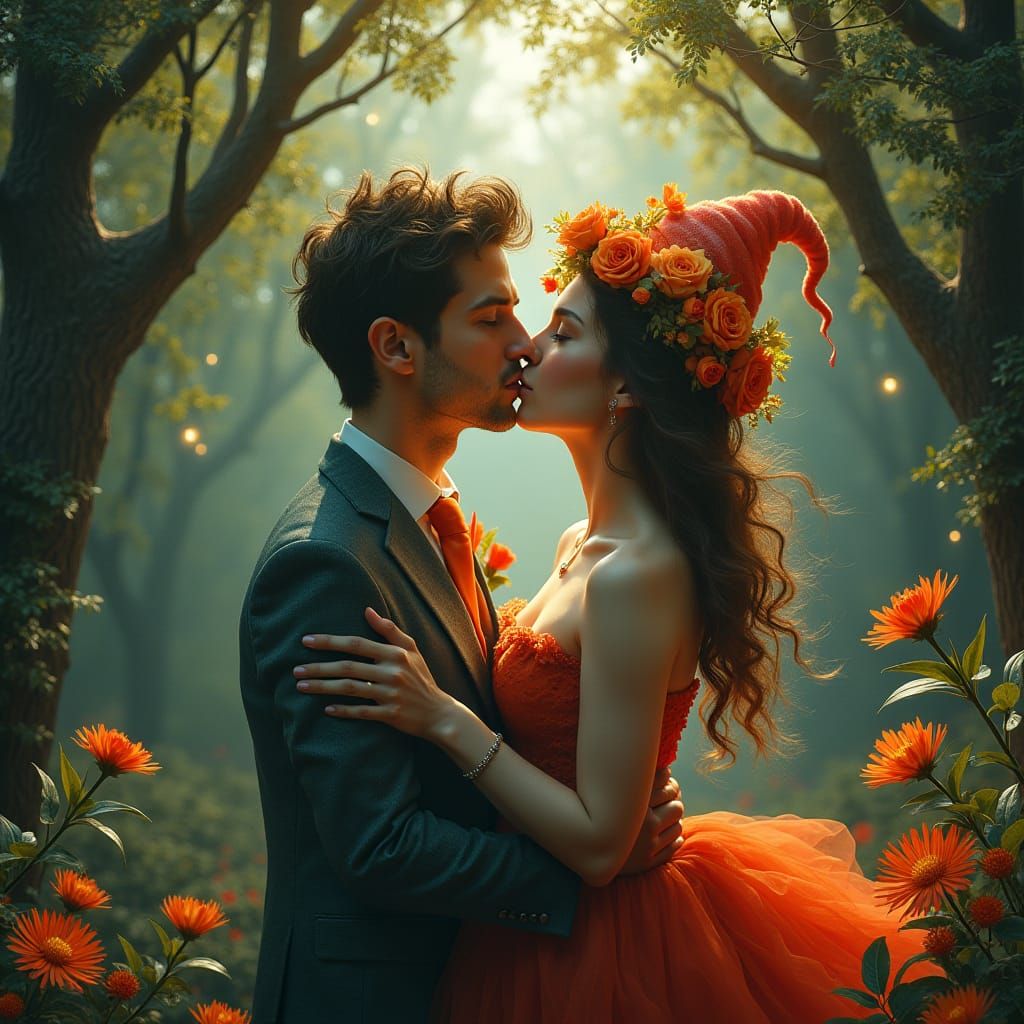 Romantic Kiss in Dreamlike Fantasy Art Style