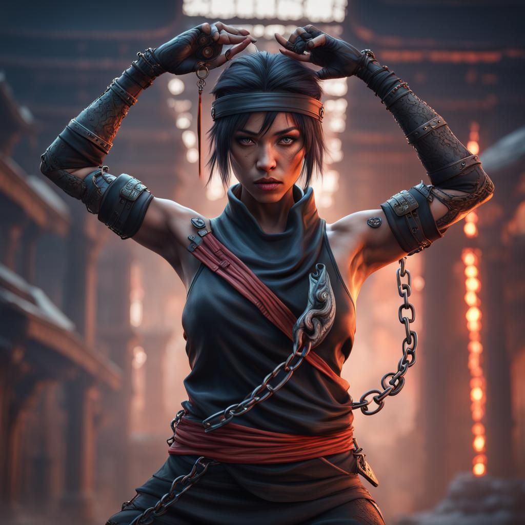 Fantasy Ninja with Arms Raised, Detailed Matte Painting