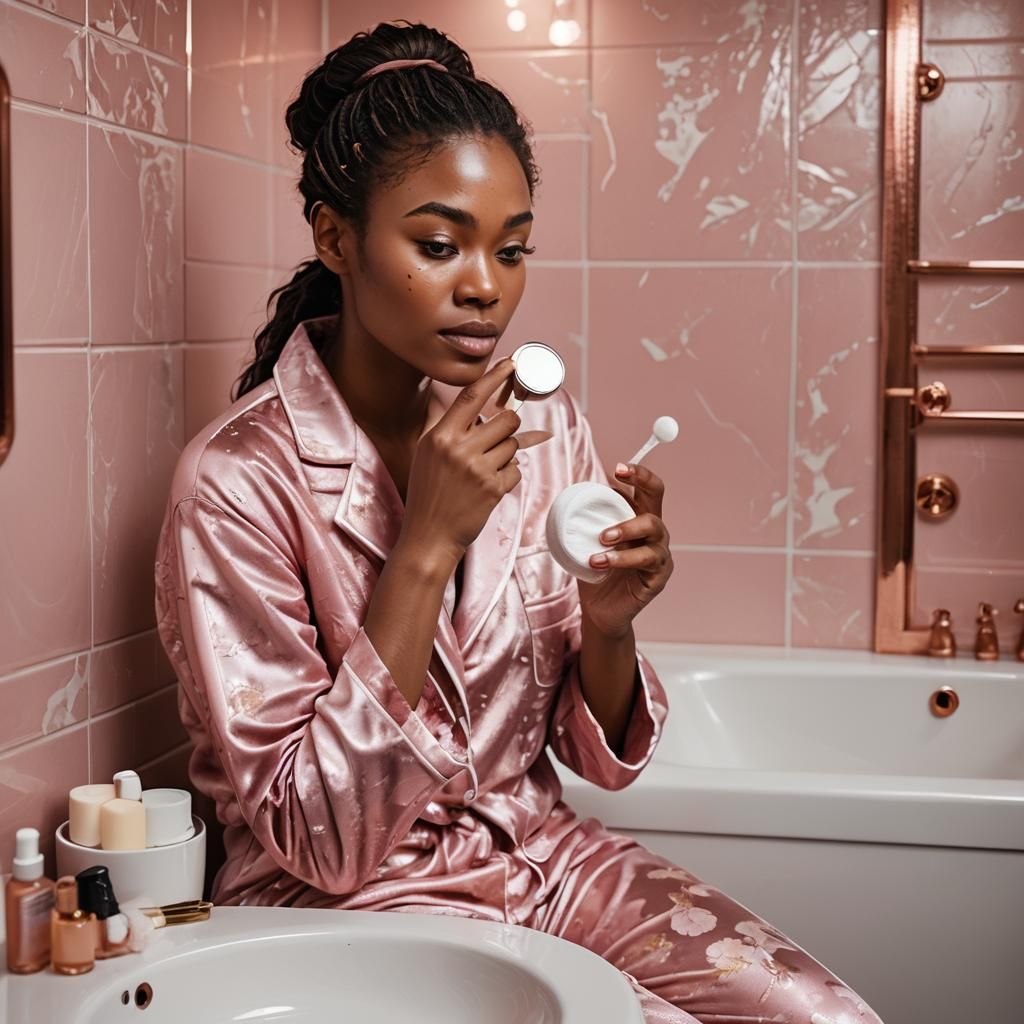 Woman in Rose Gold Bathroom Doing Skincare