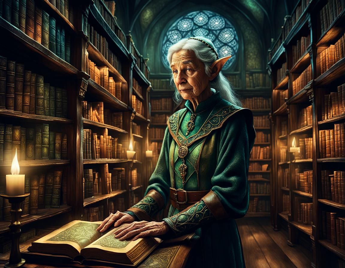 Elderly Elf in Mystical Library: Fantasy Illustration