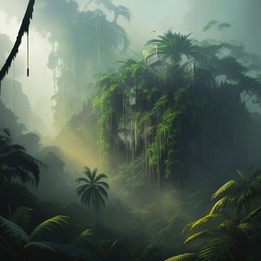 Sci-Fi Jet Crash in Rainforest with Monkeys