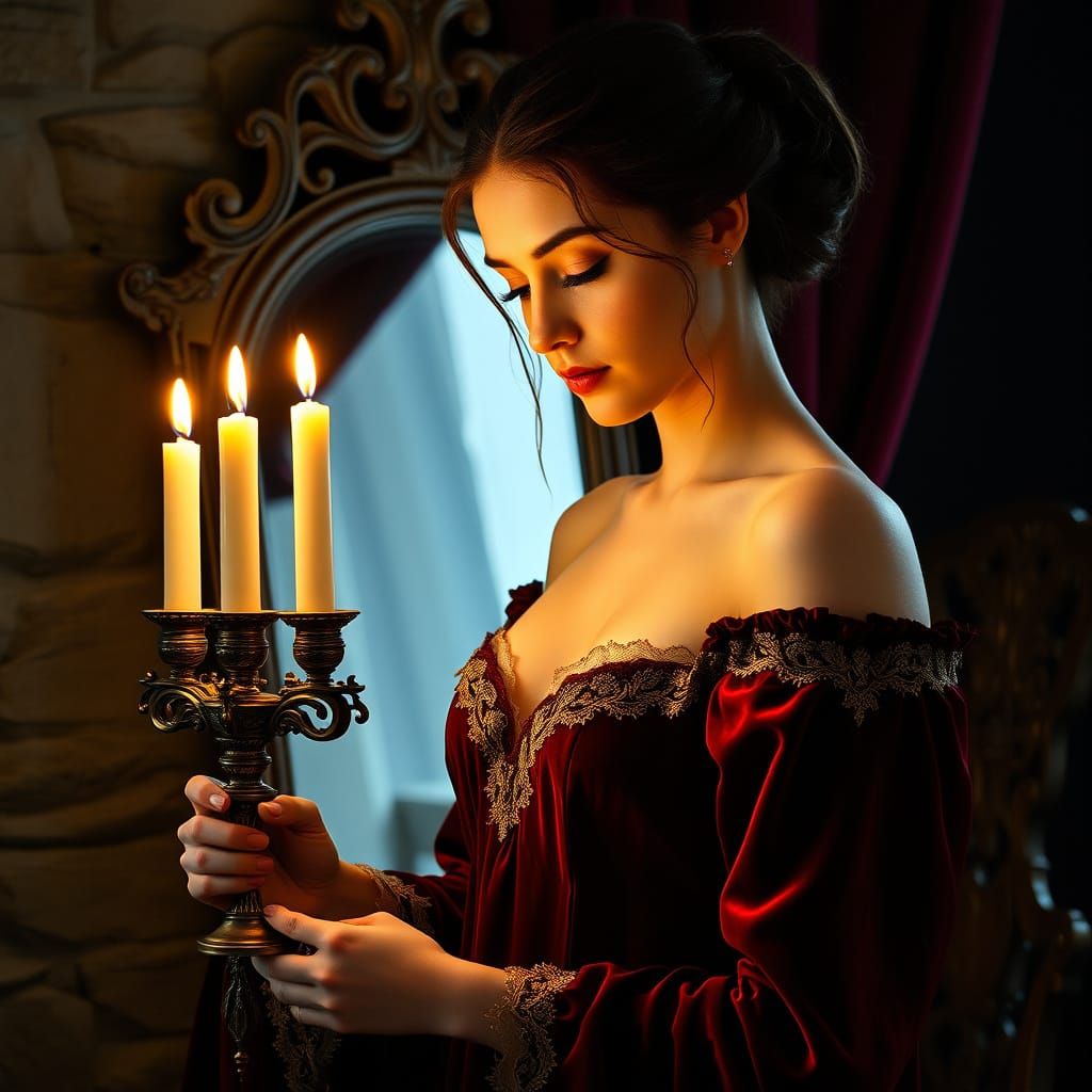 Renaissance Woman with Candelabrum in Dramatic Lighting