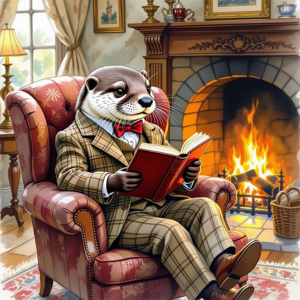 Anthropomorphic Otter Reading by Fireplace, Fairytale Art