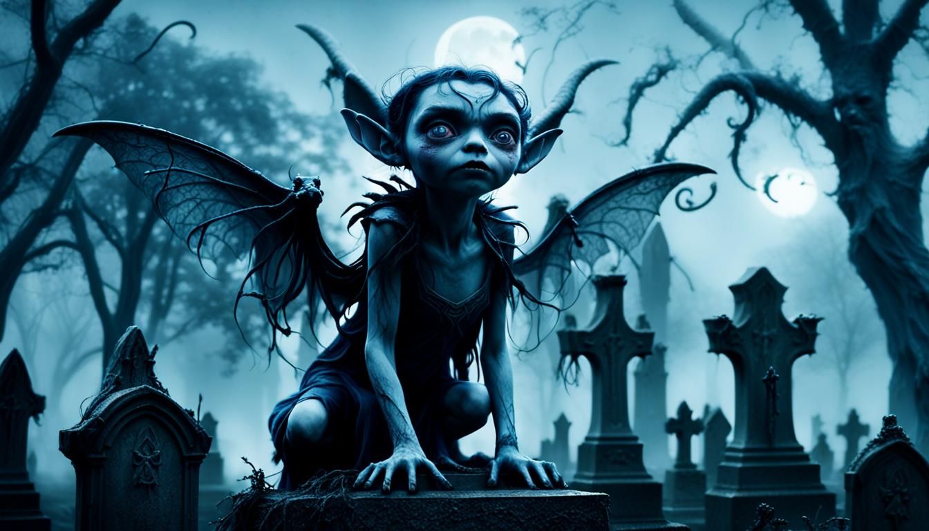 Gothic Gremlin Fairy in Misty Cemetery