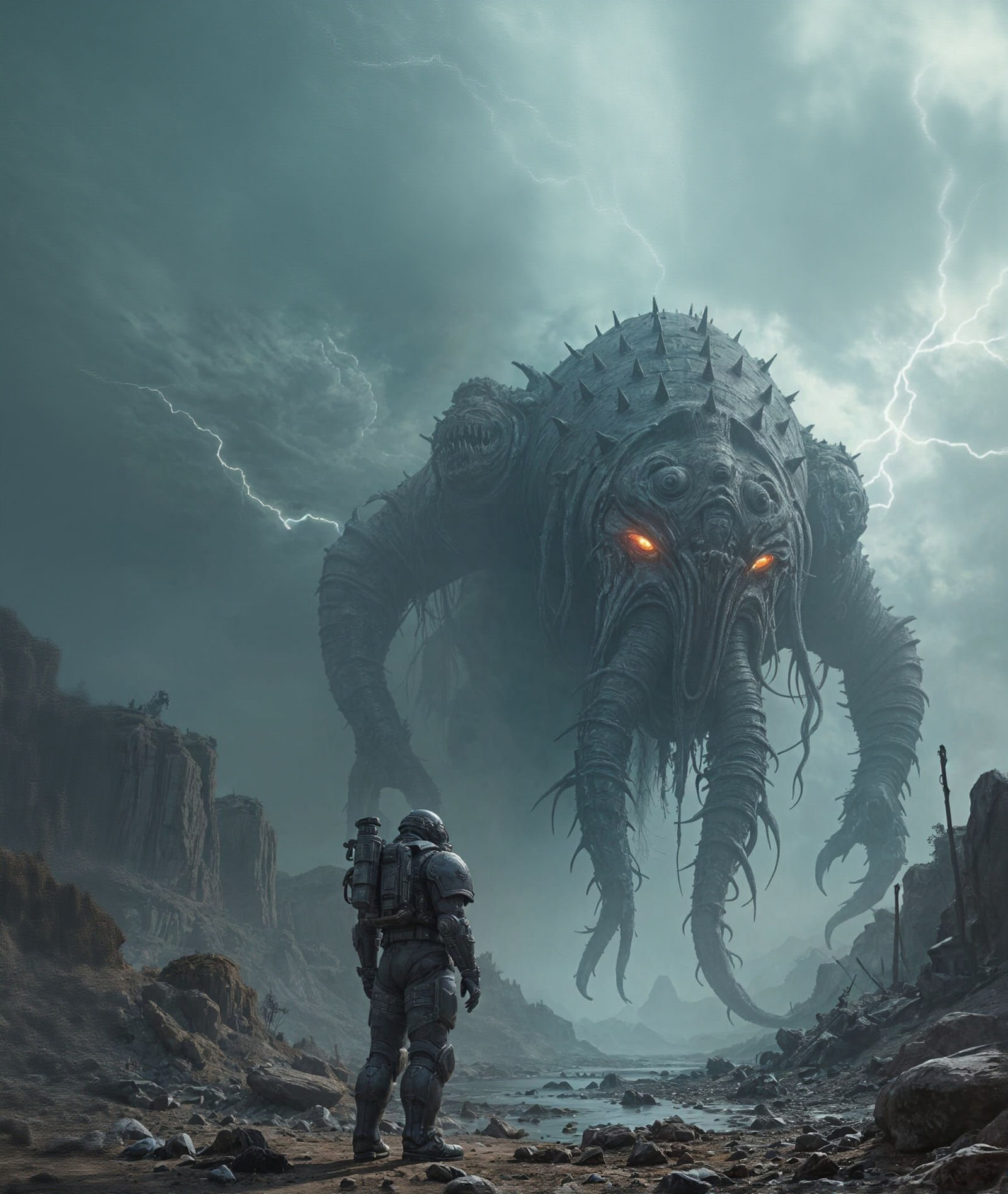 Space Marine Confronts Colossal Beast on Alien Planet