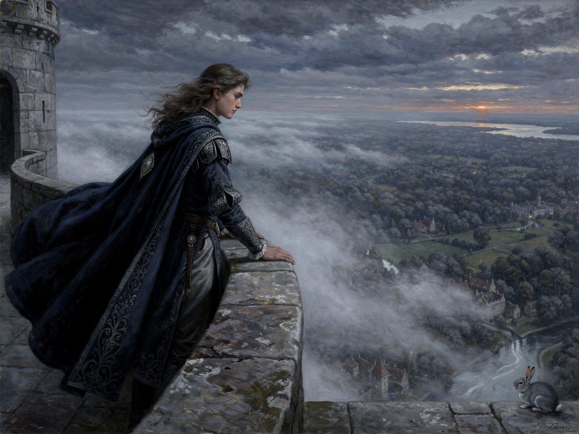 Melancholic Prince Overlooks Misty Kingdom in Painterly Real...