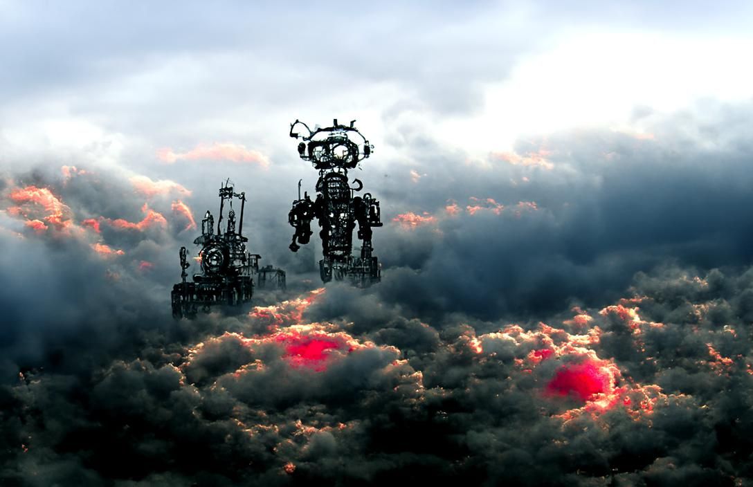 Cyberpunk Steampunk Robot in Red Ocean with Clouds