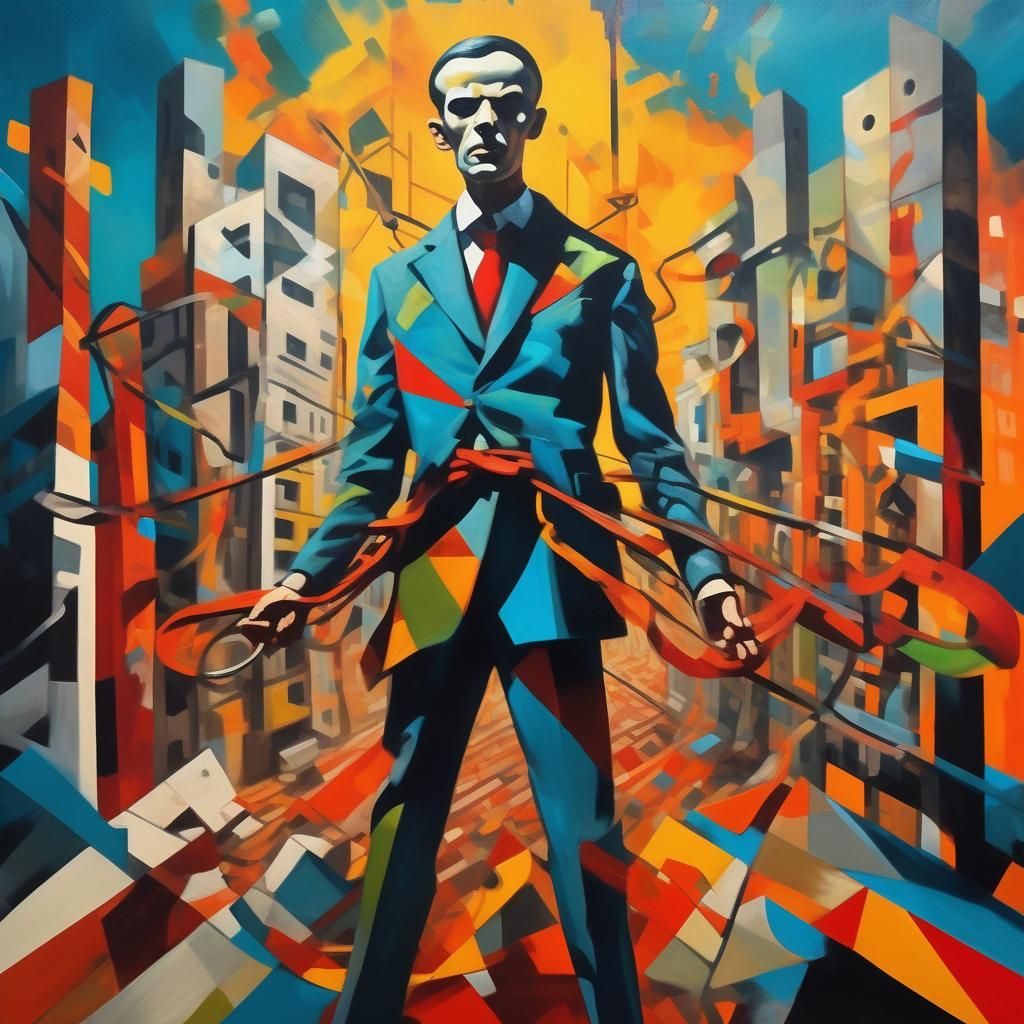 Rebellious Figure Breaks Free in Dystopian Cityscape