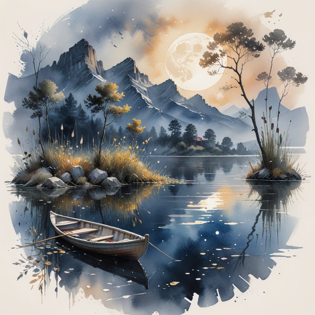 Ethereal Nighttime Lake Scene in Dreamlike Watercolour