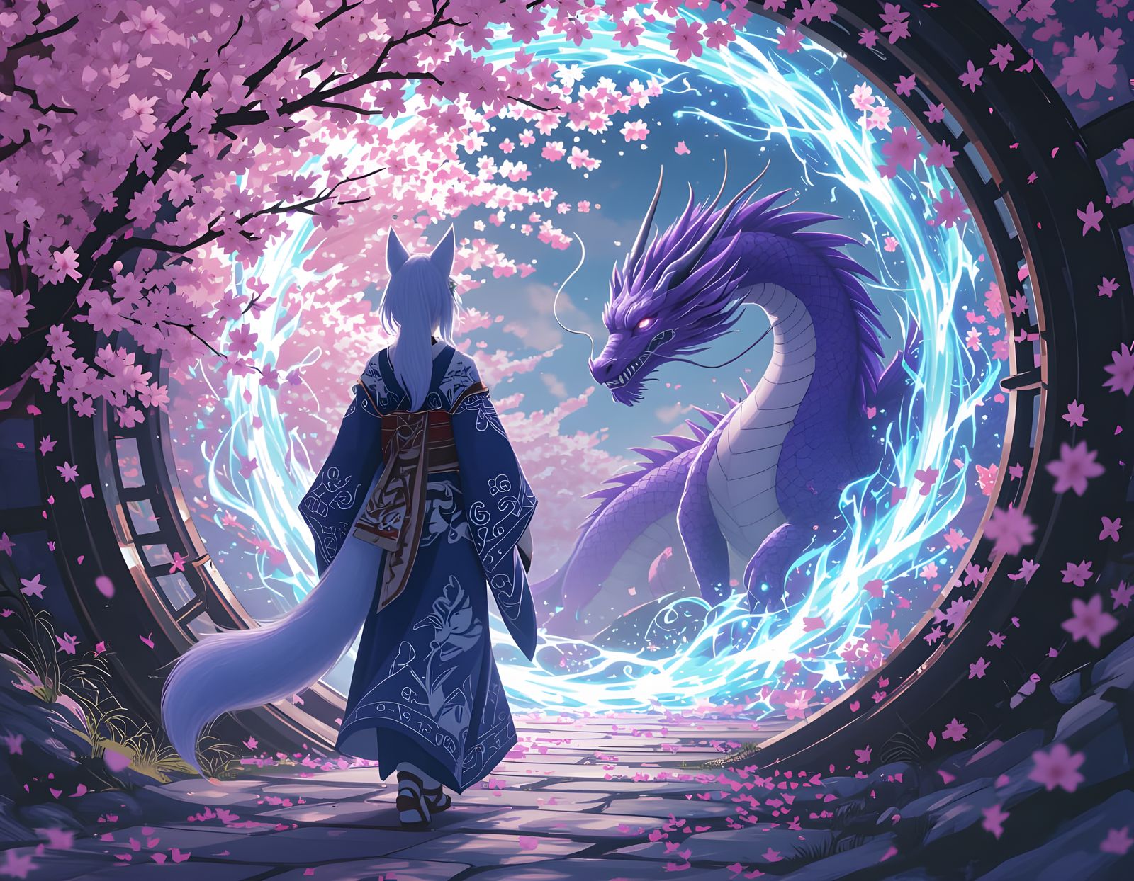 Kitsune Through Sakura Portal to New World