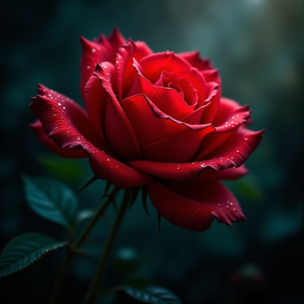 Vibrant Red Rose with Dewdrops in Dramatic Spotlight