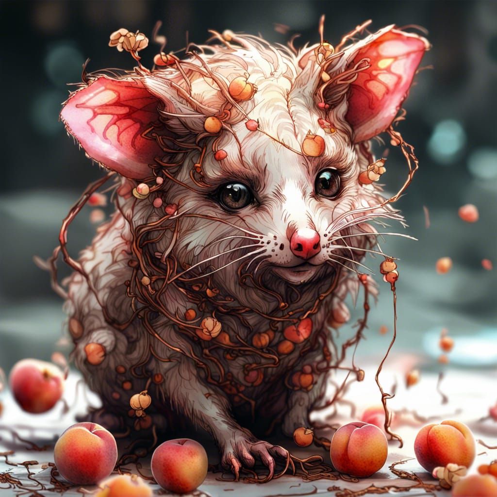 3 inch CUTEST POSSUM made of peaches, carved from peaches, intricate details, HDR, beautifully shot, 64 megapixels, perf...