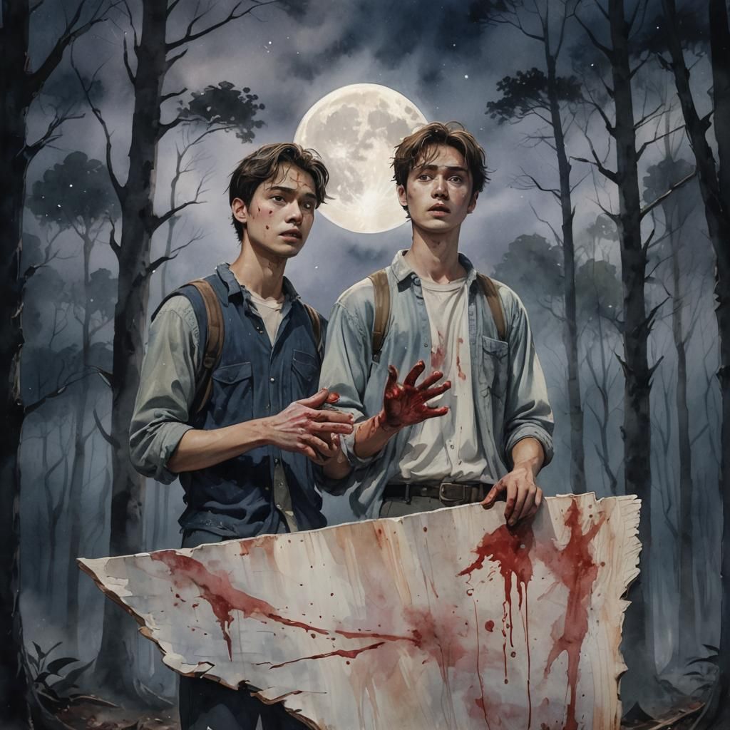 Desperate Search in Moonlit Forest: Watercolor Style