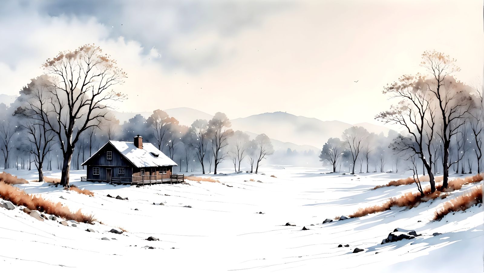 Minimalist Winter Scene in Ink and Watercolor