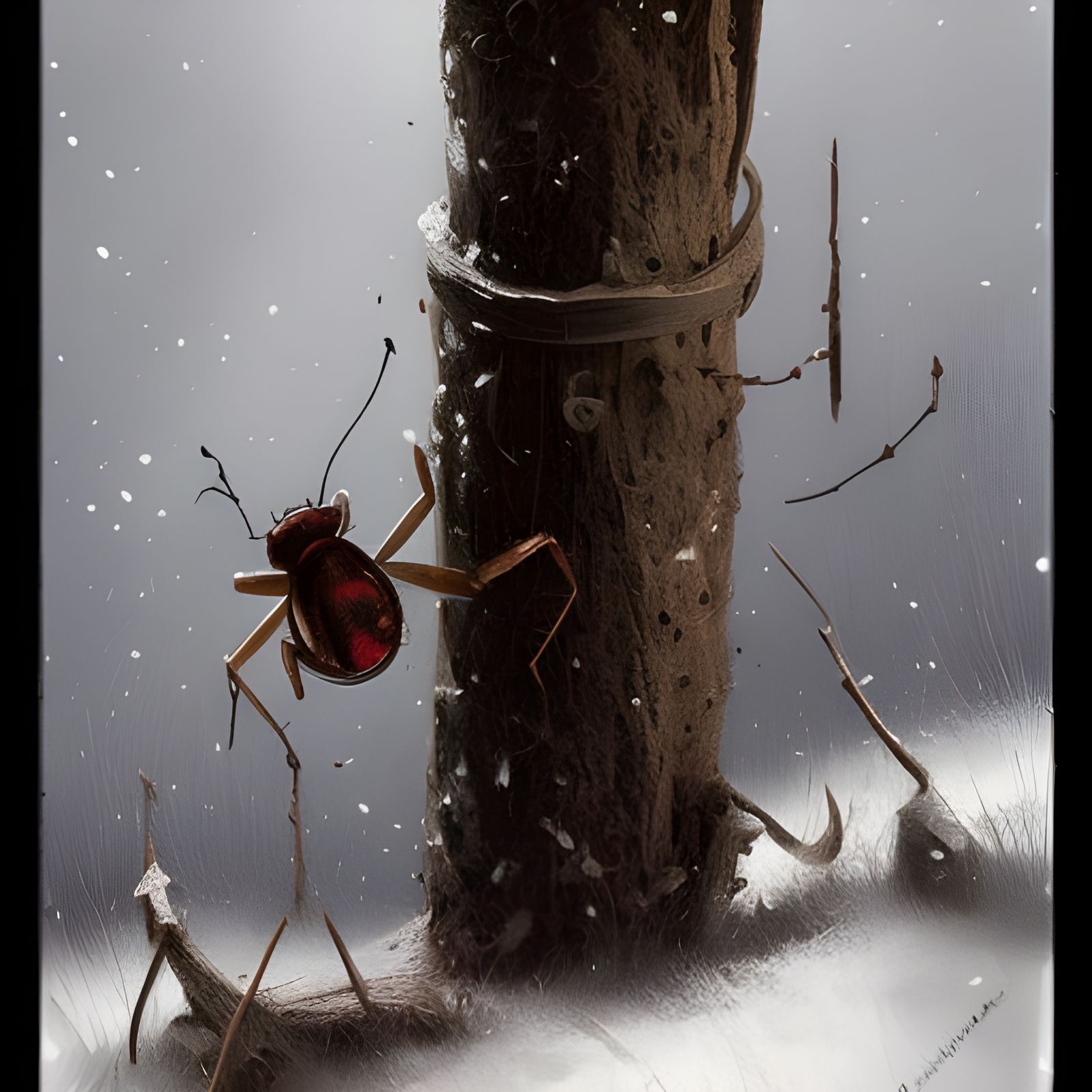 Sinister Snow Scene on Fence Post