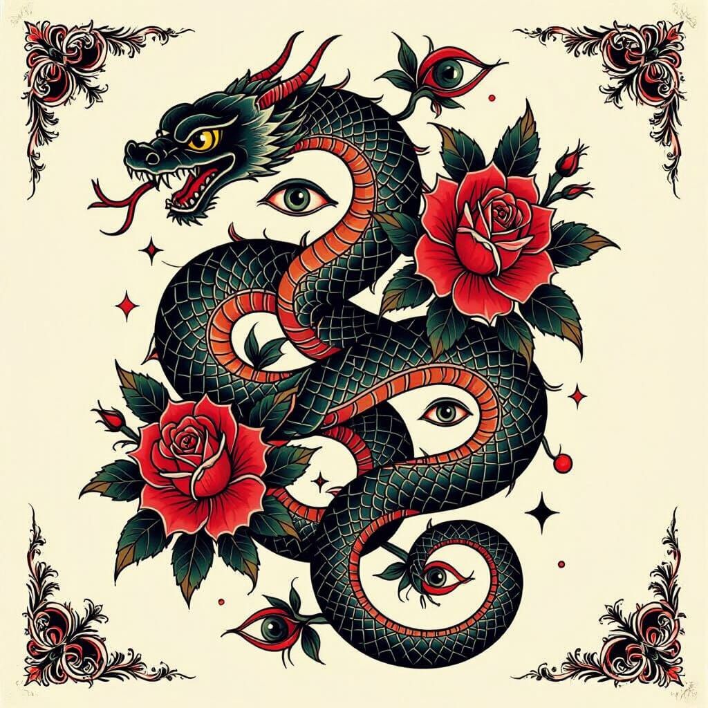 Serpent and Rose Tattoo Flash Art in Traditional Style