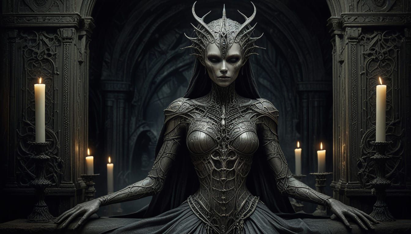 Dark Sorceress Conjure Spirits in Gothic Silver Wedding Atti...