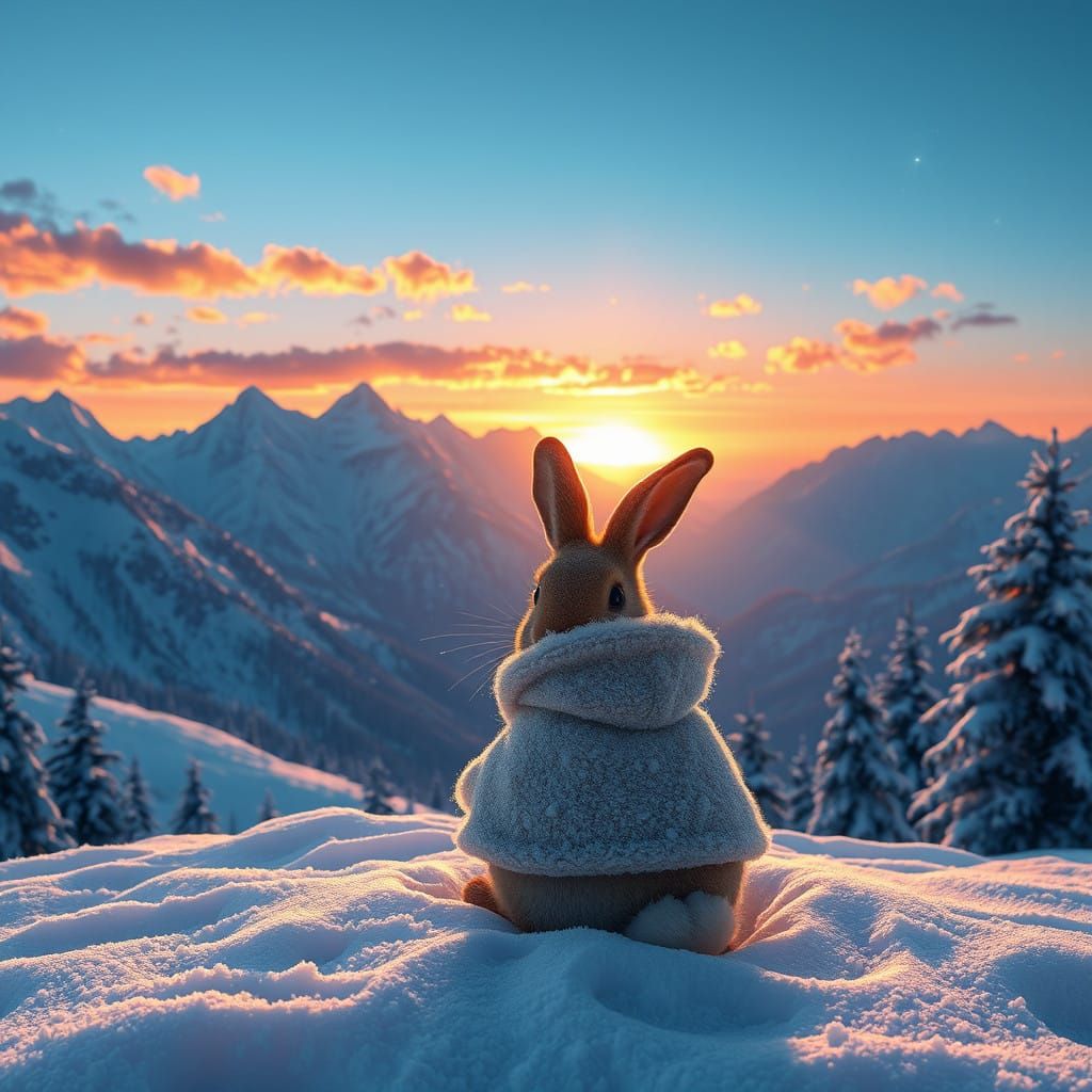 Bunny in Serene Snowy Sunset Landscape