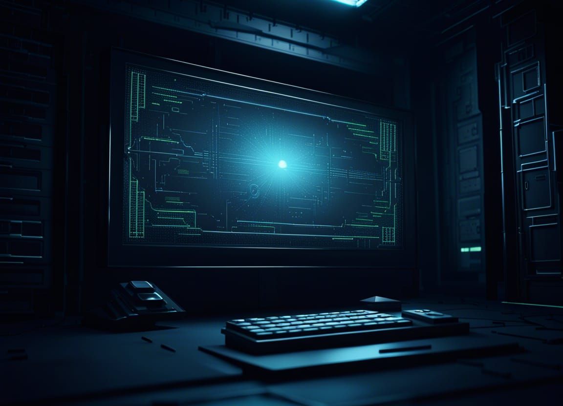 Ominous Giant Computer Screen in Dark Sci-Fi Hideout