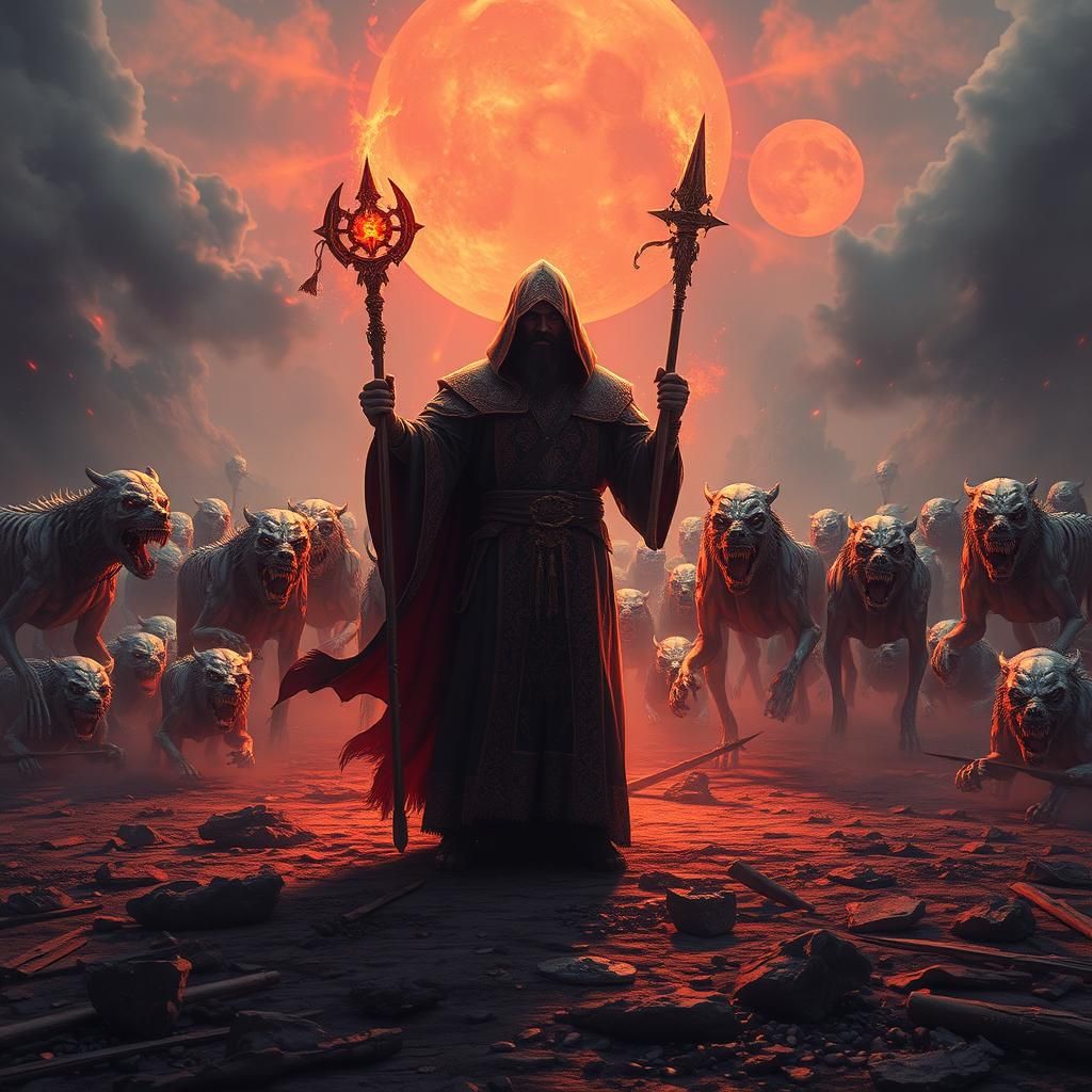 A Mage facing an army of skeletons creates an army of dogs to eat them