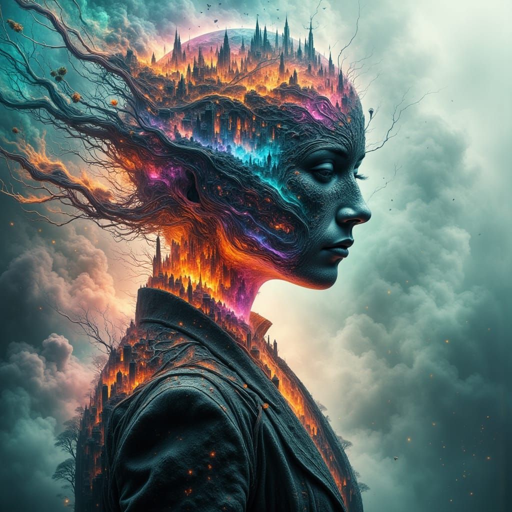 Ethereal Yokai in Dreamlike Double Exposure Scene