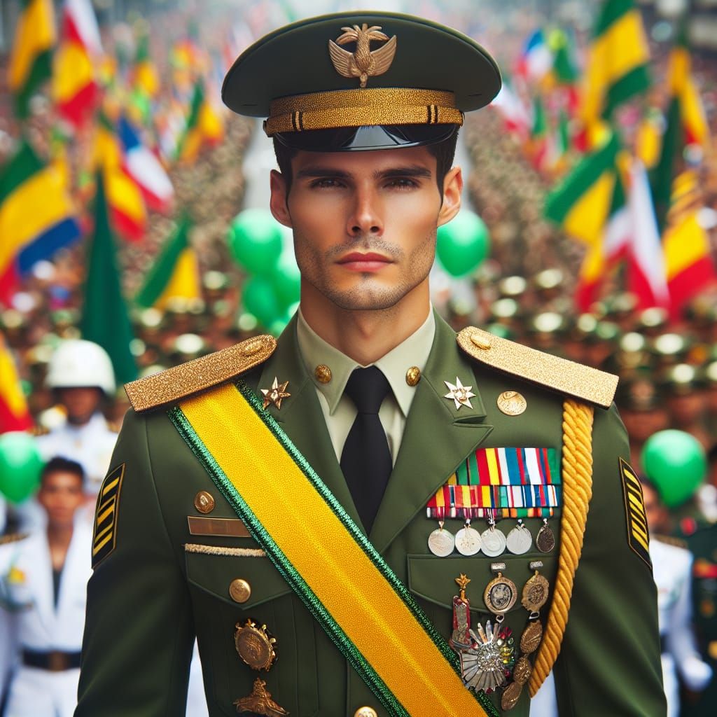 Hispanic Soldier in Green and Yellow Parade Uniform