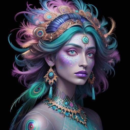Cosmic Woman with Peacock Feathers in Astral Style