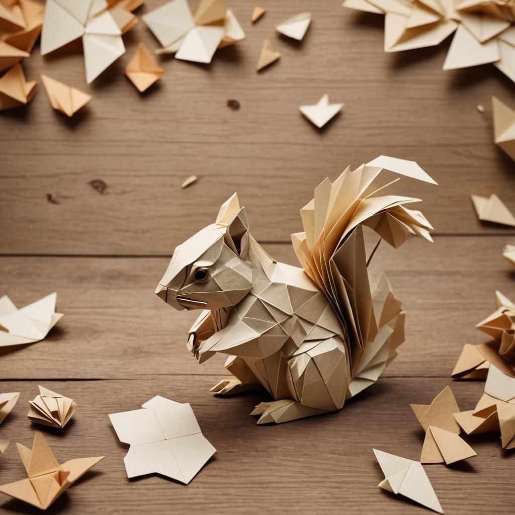 Whimsical Origami Squirrel on Wooden Desk