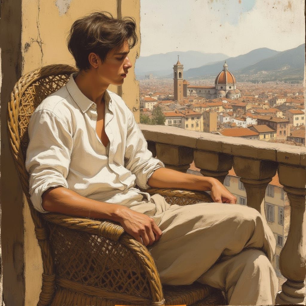 Chiseled Gentleman Relaxing on a Tuscan Balcony