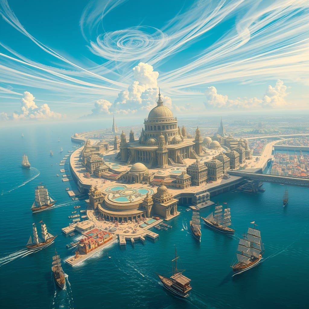 Futuristic Metropolis on Peninsula with Temple Complex