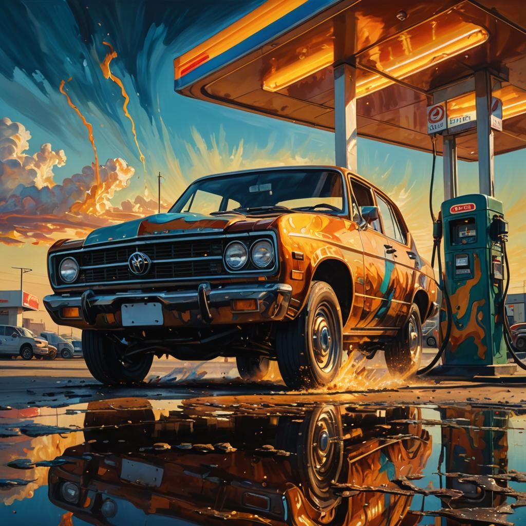 Surreal Car Eats Petrol: Vibrant Oil Painting