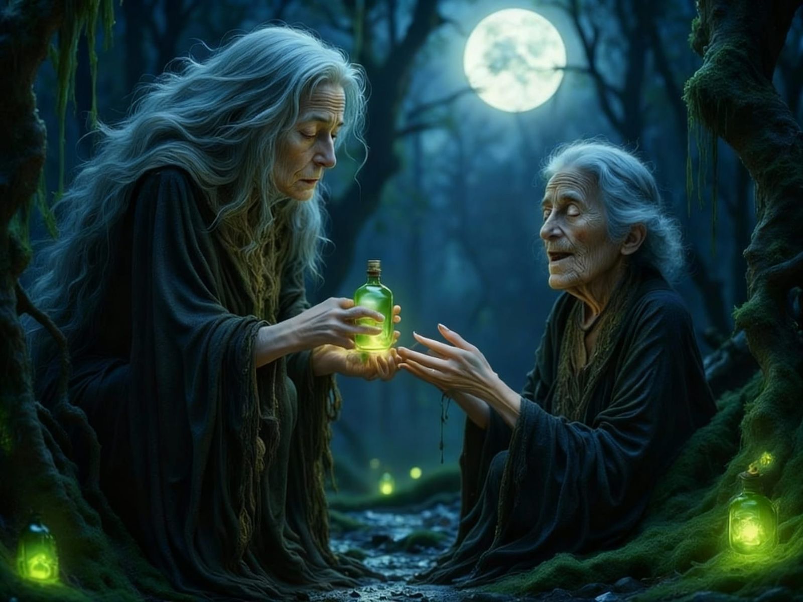 Witch Offers Eternal Youth Potion in Moonlit Forest